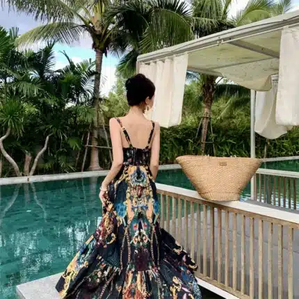 Retro print sexy deep V-neck suspender dress for women