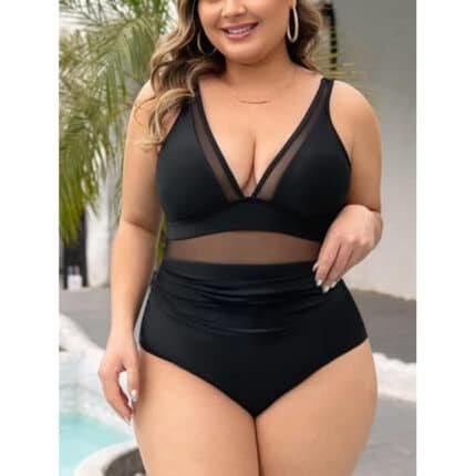 Swimsuit women's solid color sexy one-piece plus size mesh splicing beach swimsuit
